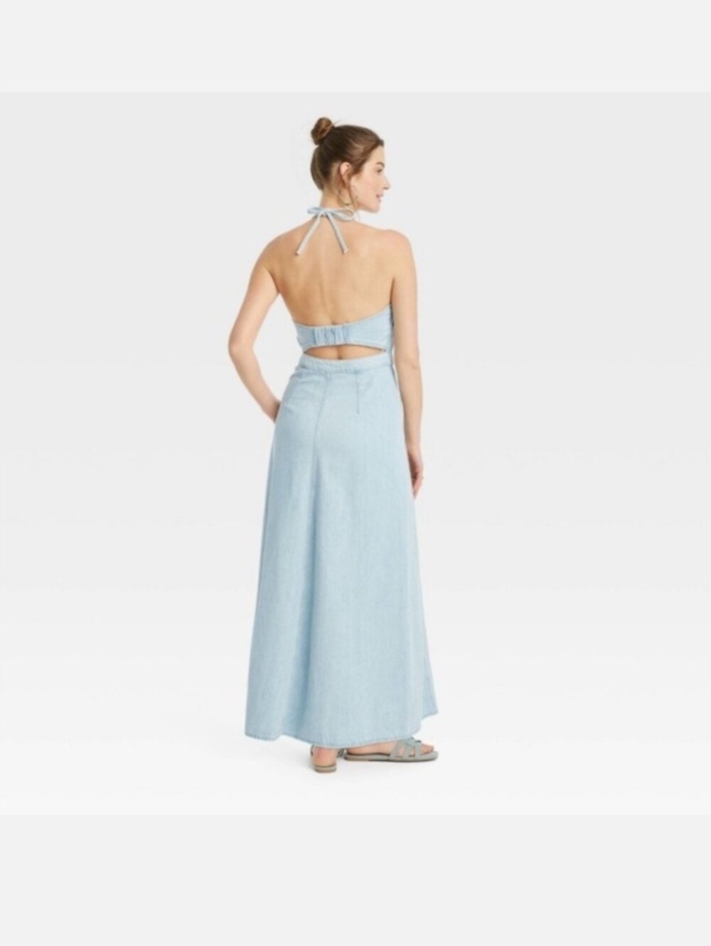 Universal Thread Light Wash Denim Halter Maxi Dress Women's Size 12 - Picture 3 of 16